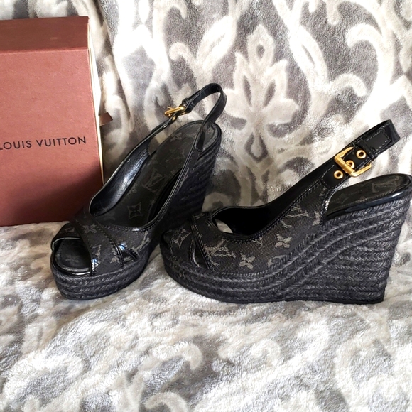 Louis Vuitton Black Denim Logo Wedge Sandal 39US - Picture 1 of 15